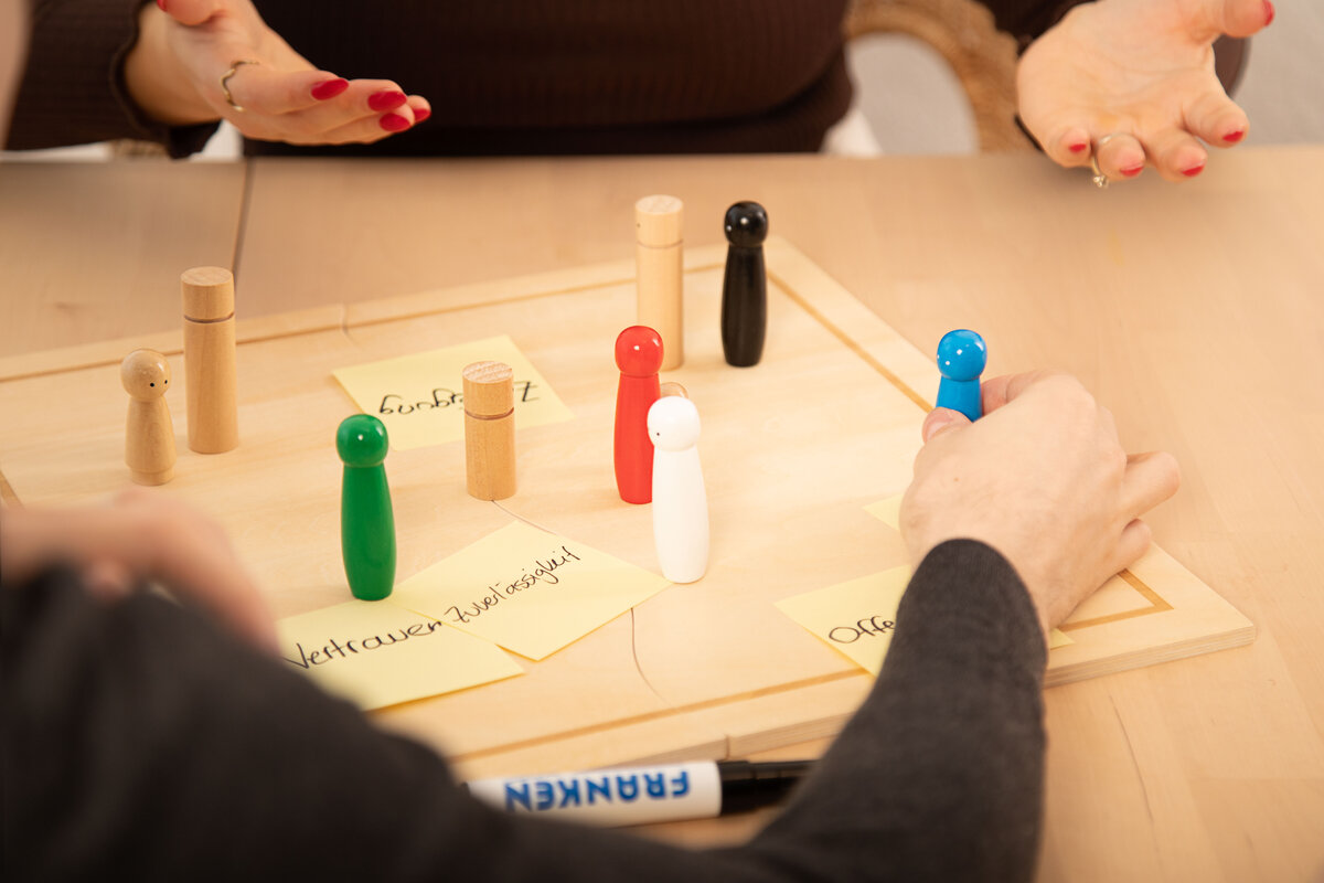 Systemisches Brett mit Figuren in der Familienberatung